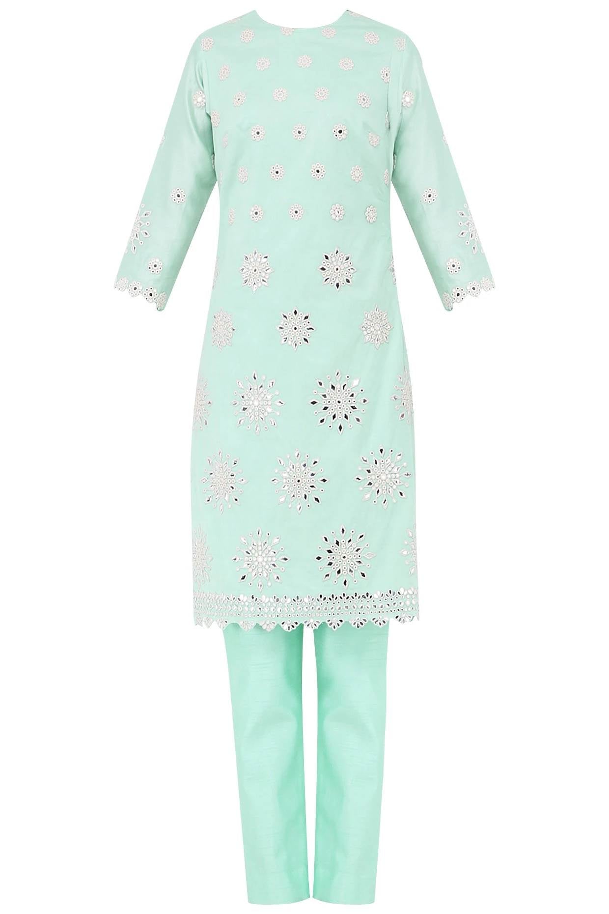 Aqua Mirror Embroidered Kurta With Pant and Dupatta