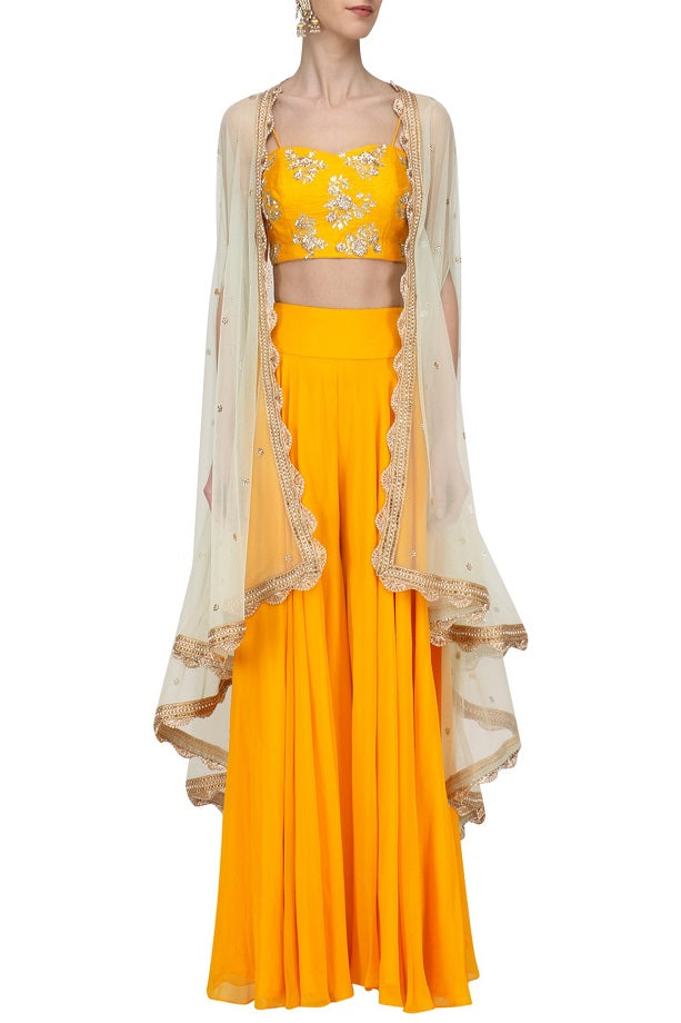 Mustard bustier, sharara and Mint cape