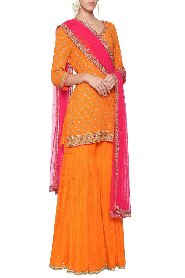 Orange Emb. Kurta with Gharara and Dupatta