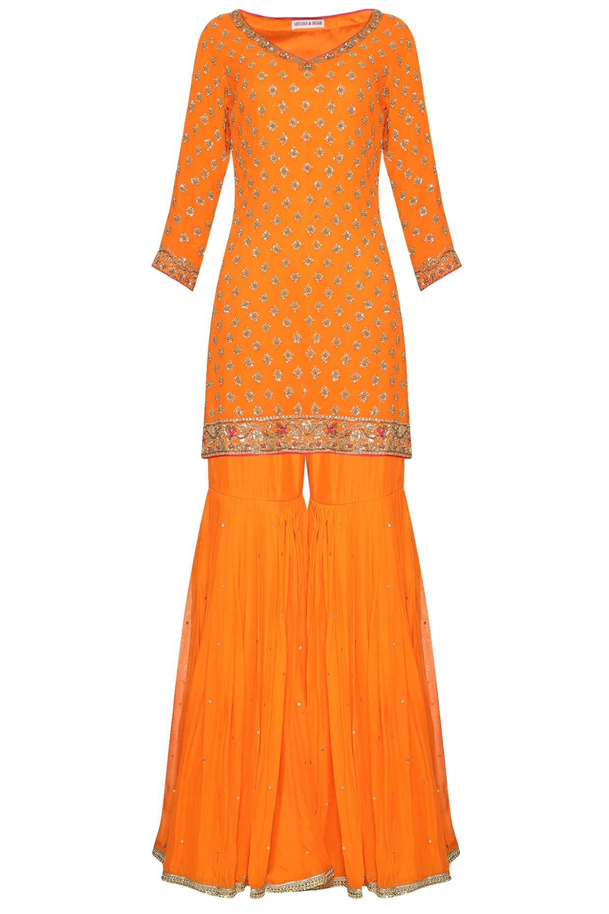 Orange Emb. Kurta with Gharara and Dupatta