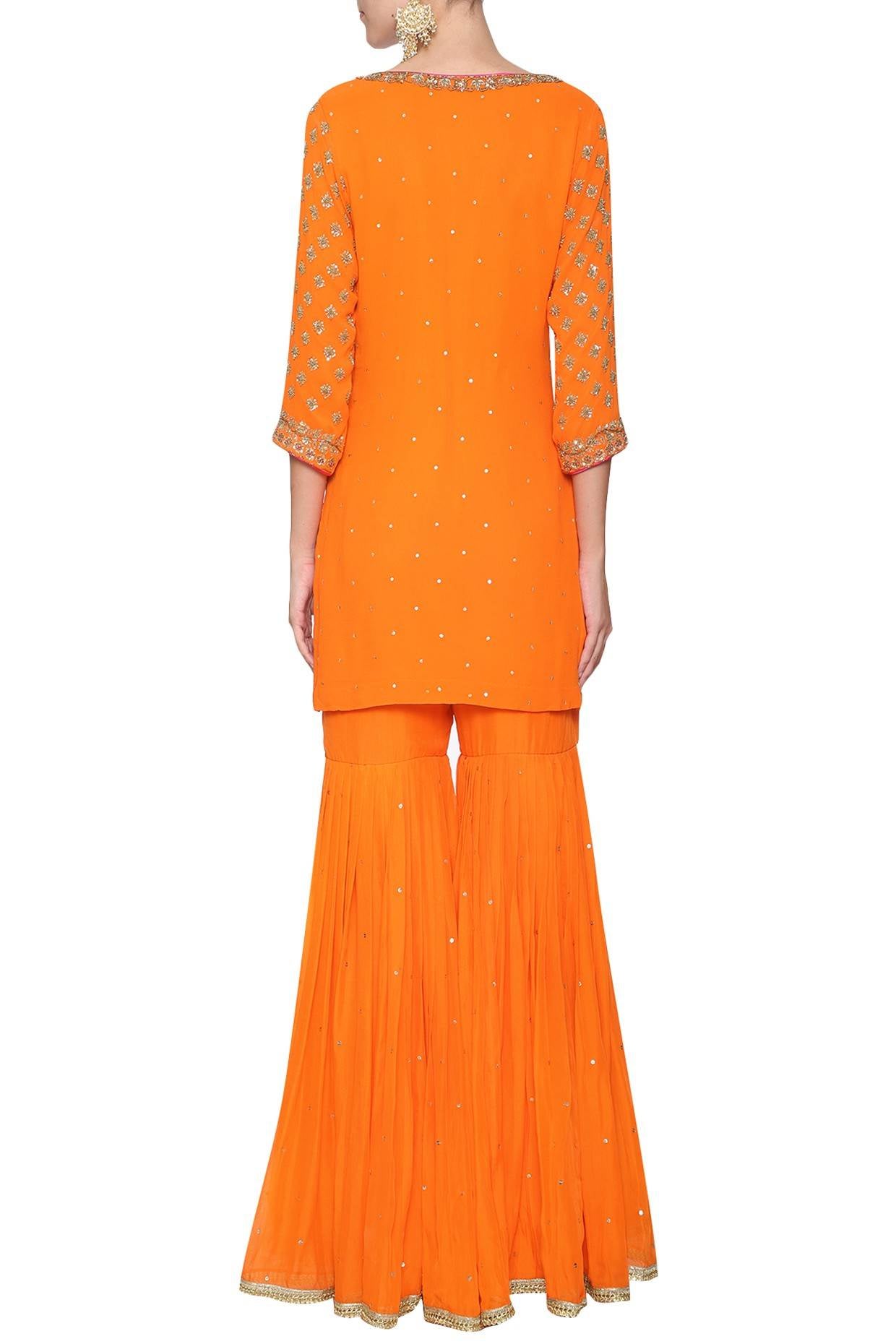 Orange Emb. Kurta with Gharara and Dupatta