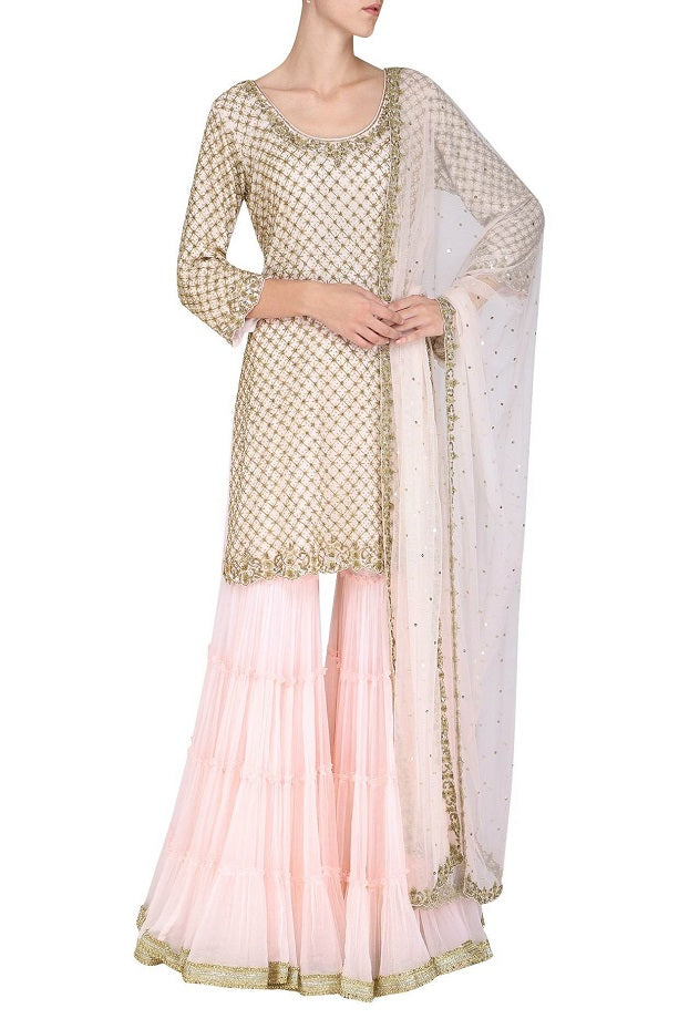 Baby Pink Emb Kurta With Frill Gharara and Dupatta