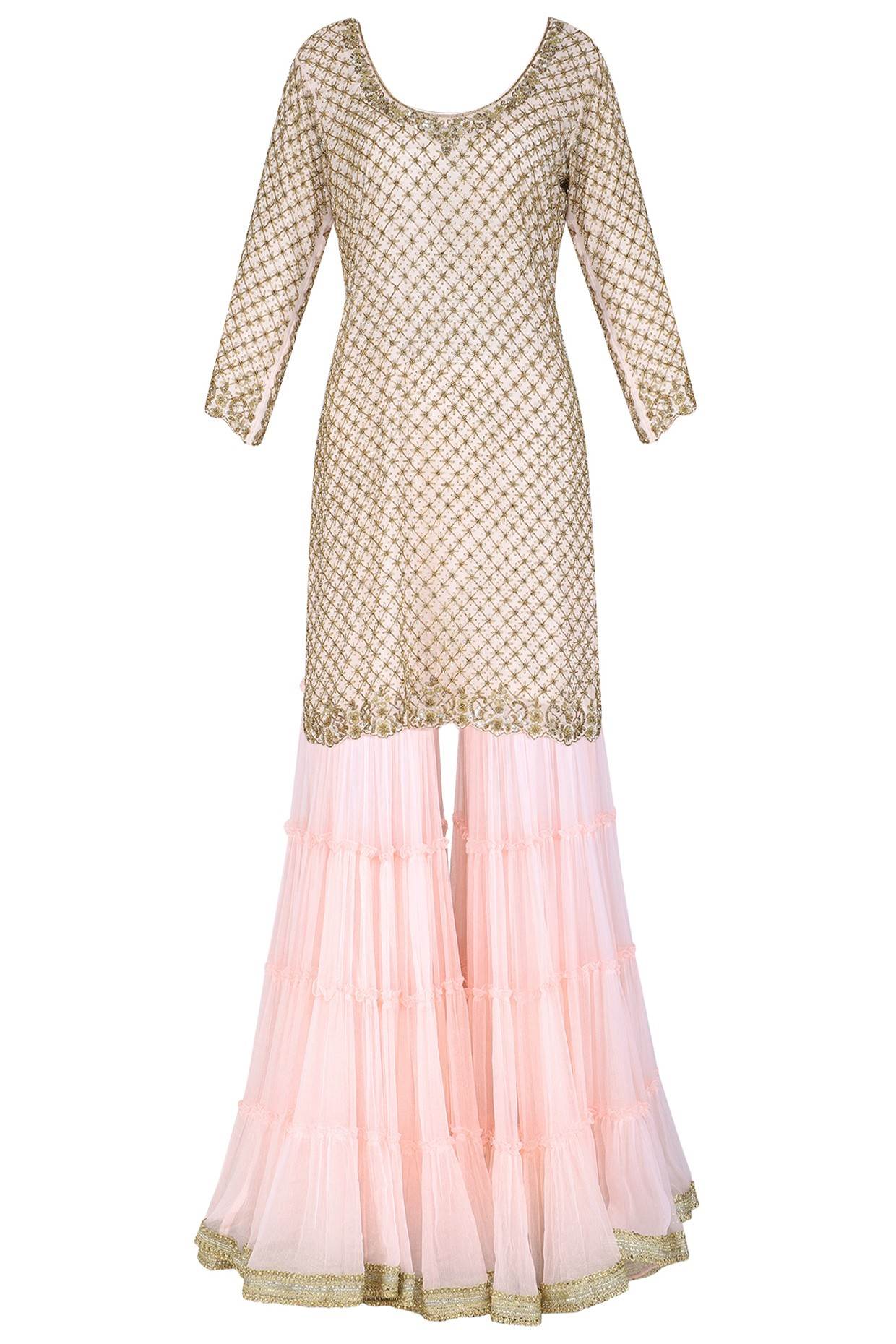 Baby Pink Emb Kurta With Frill Gharara and Dupatta