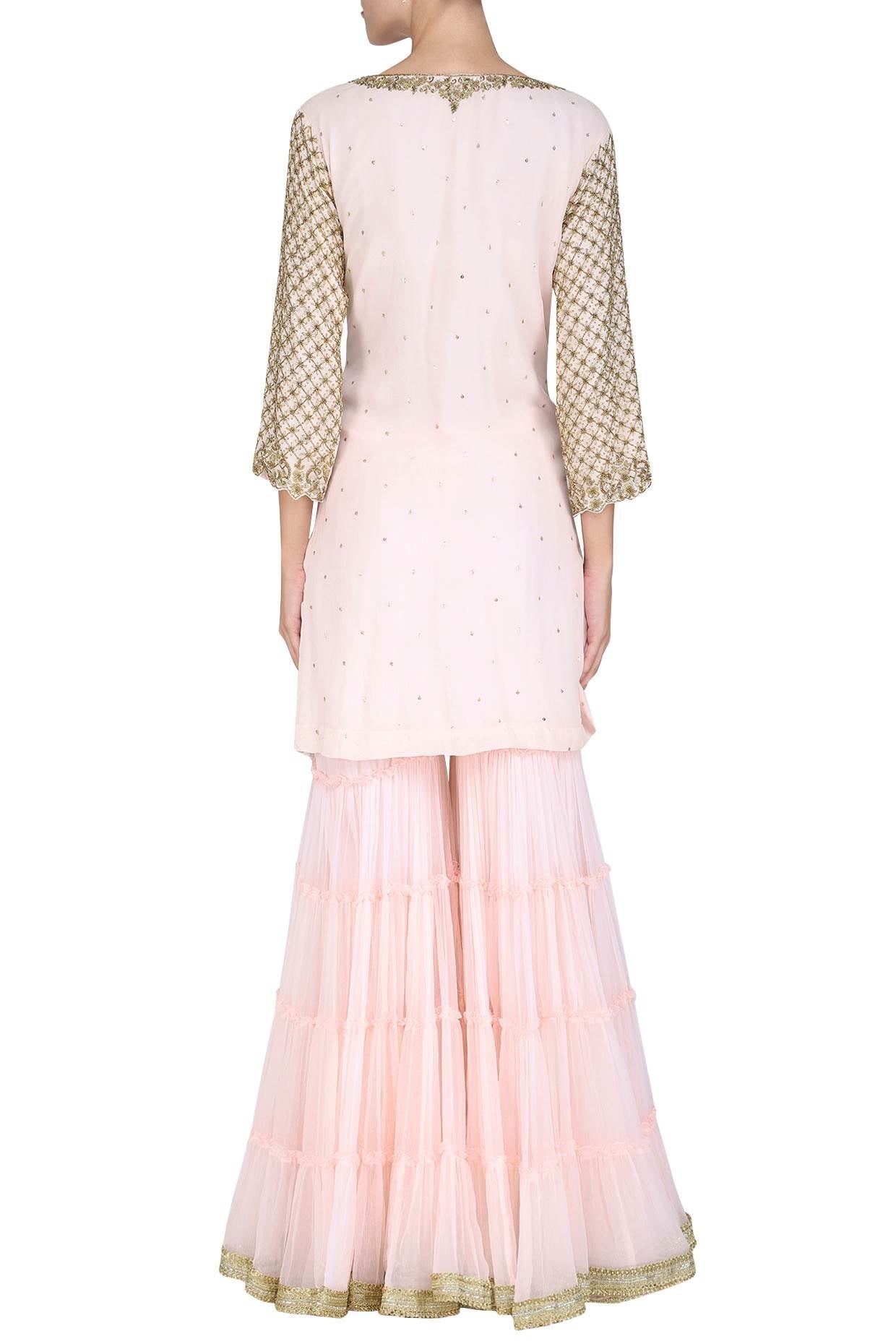 Baby Pink Emb Kurta With Frill Gharara and Dupatta