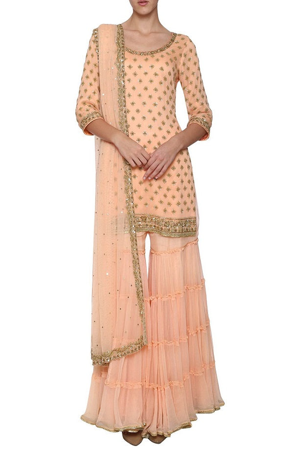 Peach emb Kurta with Frill Gharara and Dupatta