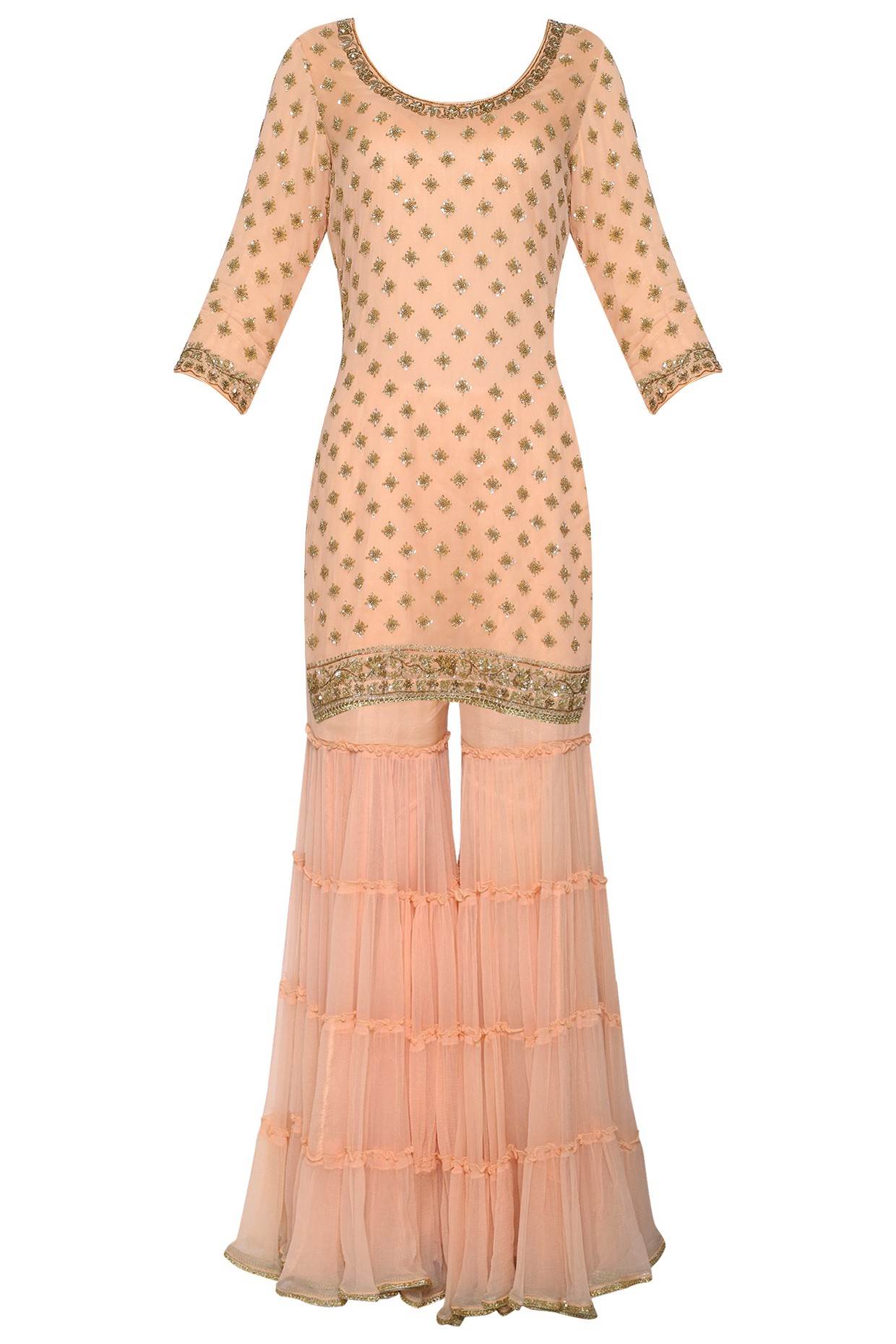 Peach emb Kurta with Frill Gharara and Dupatta