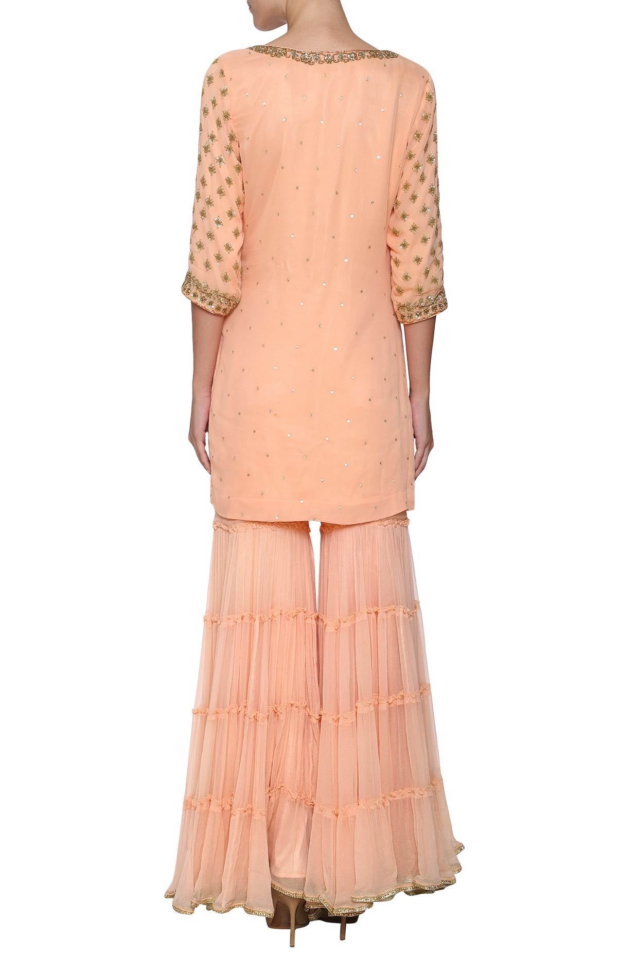 Peach emb Kurta with Frill Gharara and Dupatta