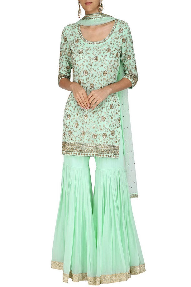 Sea Green Emb. Kurta With Gharara and Dupatta