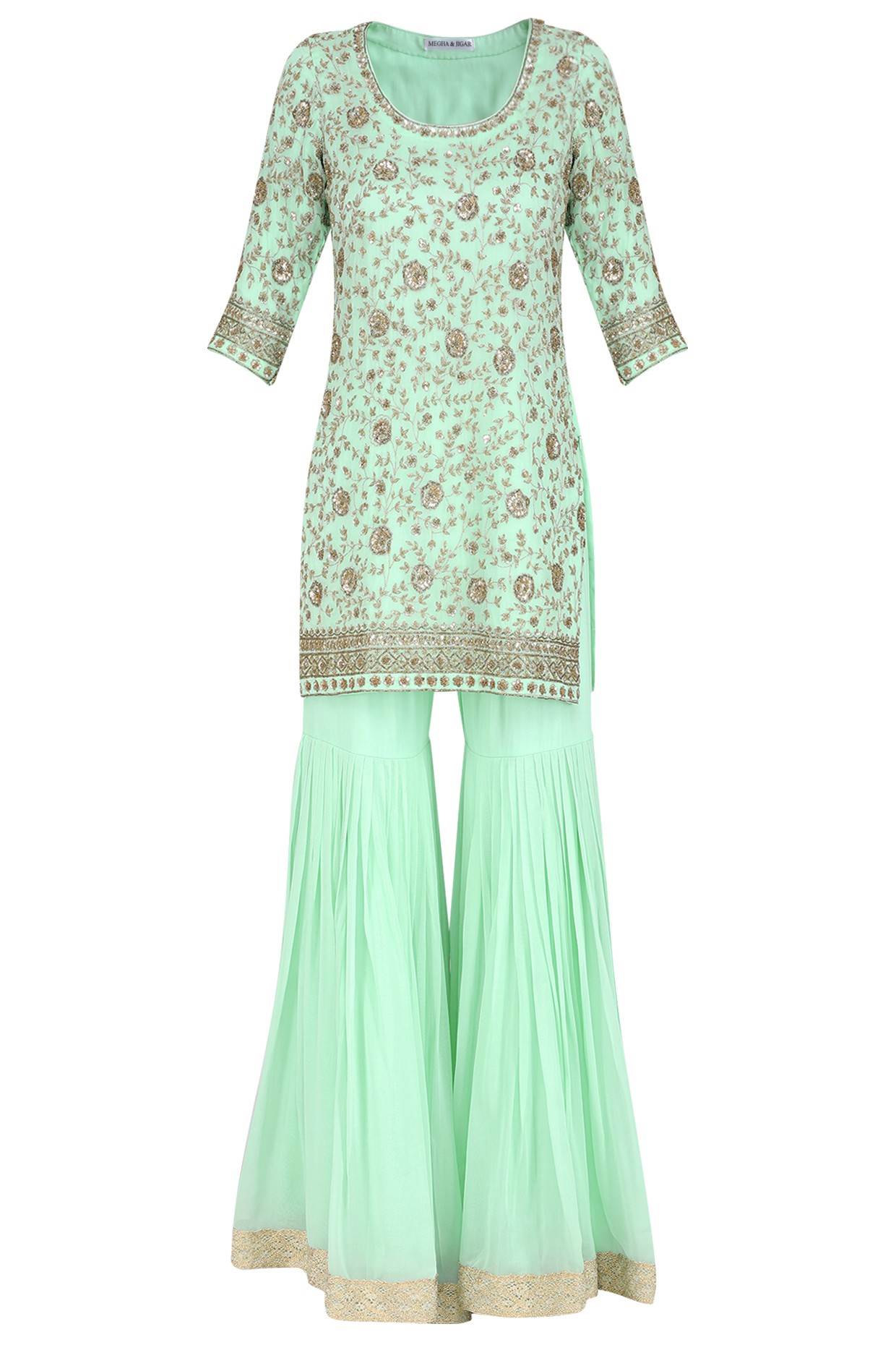 Sea Green Emb. Kurta With Gharara and Dupatta