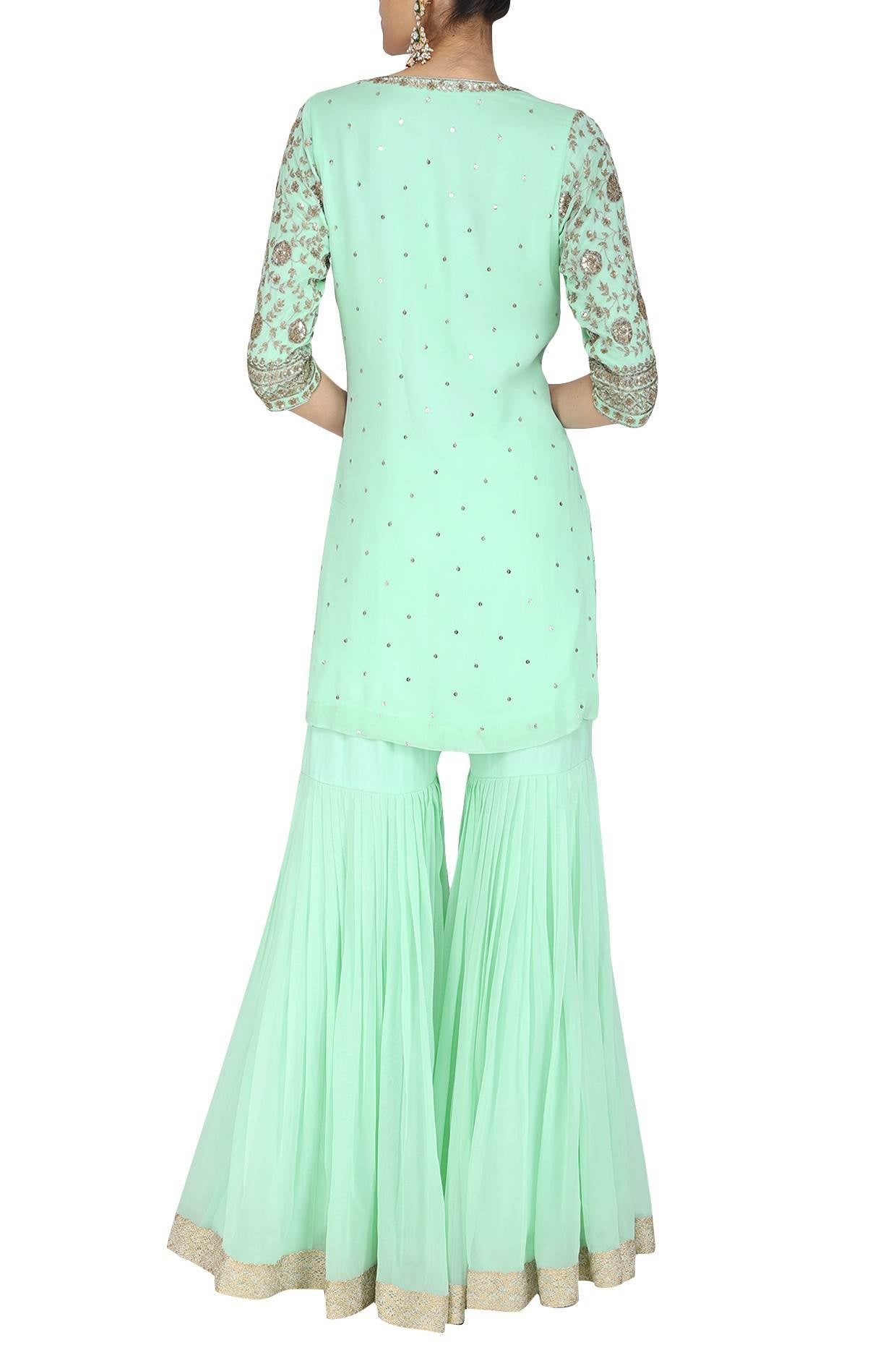 Sea Green Emb. Kurta With Gharara and Dupatta