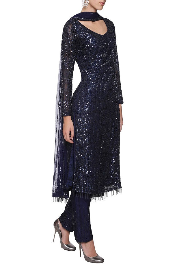 Navy Blue Emb. Kurta With Pants and Dupatta