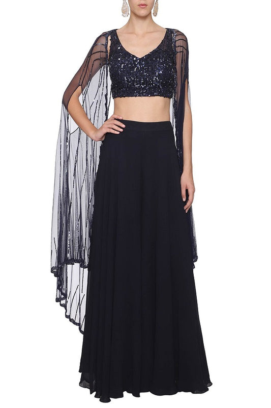 Navy Blue Emb Bustier with Sharara and Cape