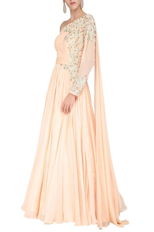 Peach Emb. Drape Gown