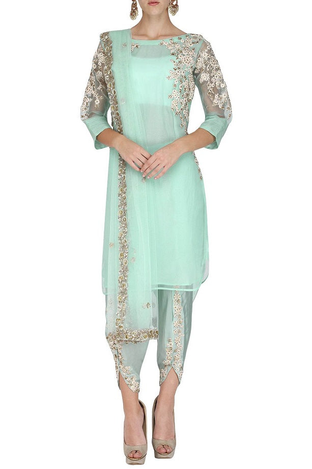 Aqua Emb Kurta With Emb. Dhoti Pants and Dupatta