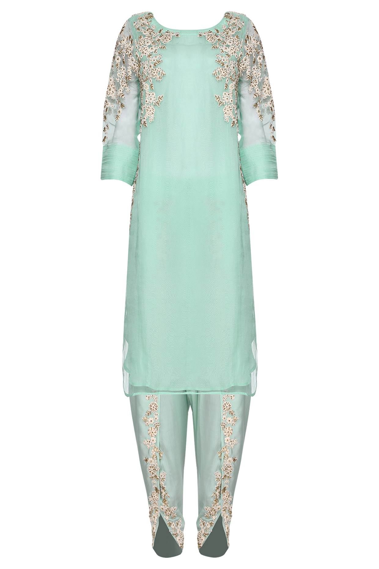 Aqua Emb Kurta With Emb. Dhoti Pants and Dupatta