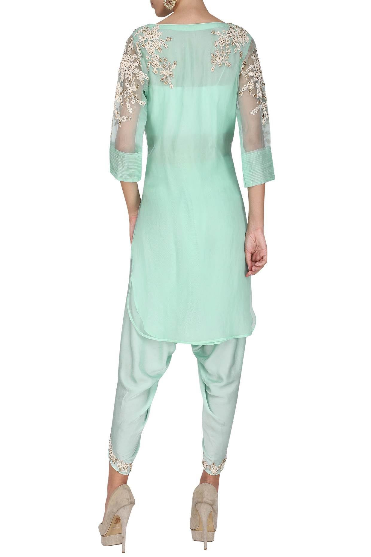 Aqua Emb Kurta With Emb. Dhoti Pants and Dupatta