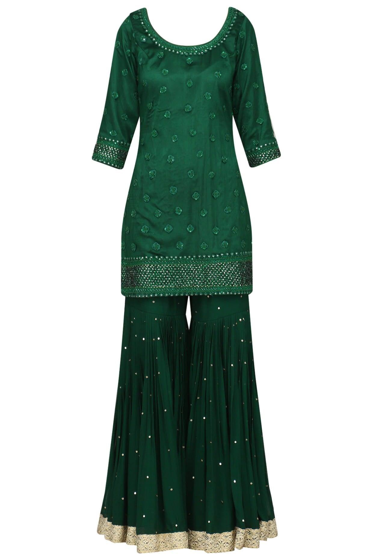 Green Embroidered Kurta With Gharara &amp; Dupatta