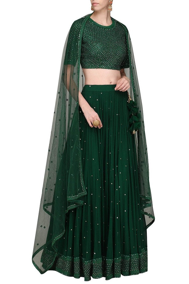 Dark Green Embroidered  Lehenga Set