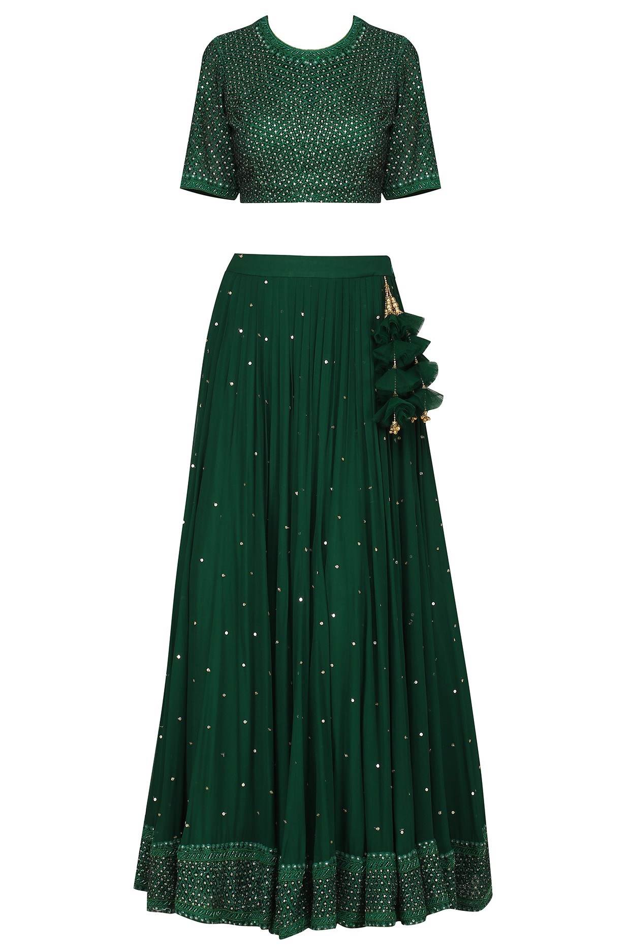 Dark Green Embroidered  Lehenga Set