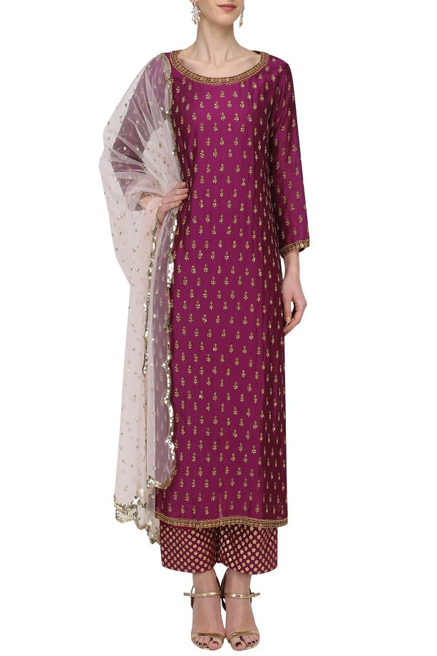 Wine Chandari Kurta Set