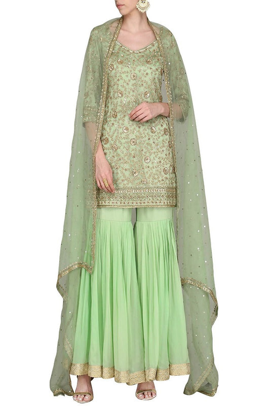 Fern Green Kurta With Gharara &amp; Dupatta Set