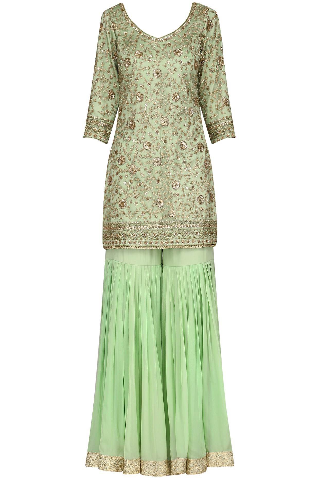 Fern Green Kurta With Gharara &amp; Dupatta Set