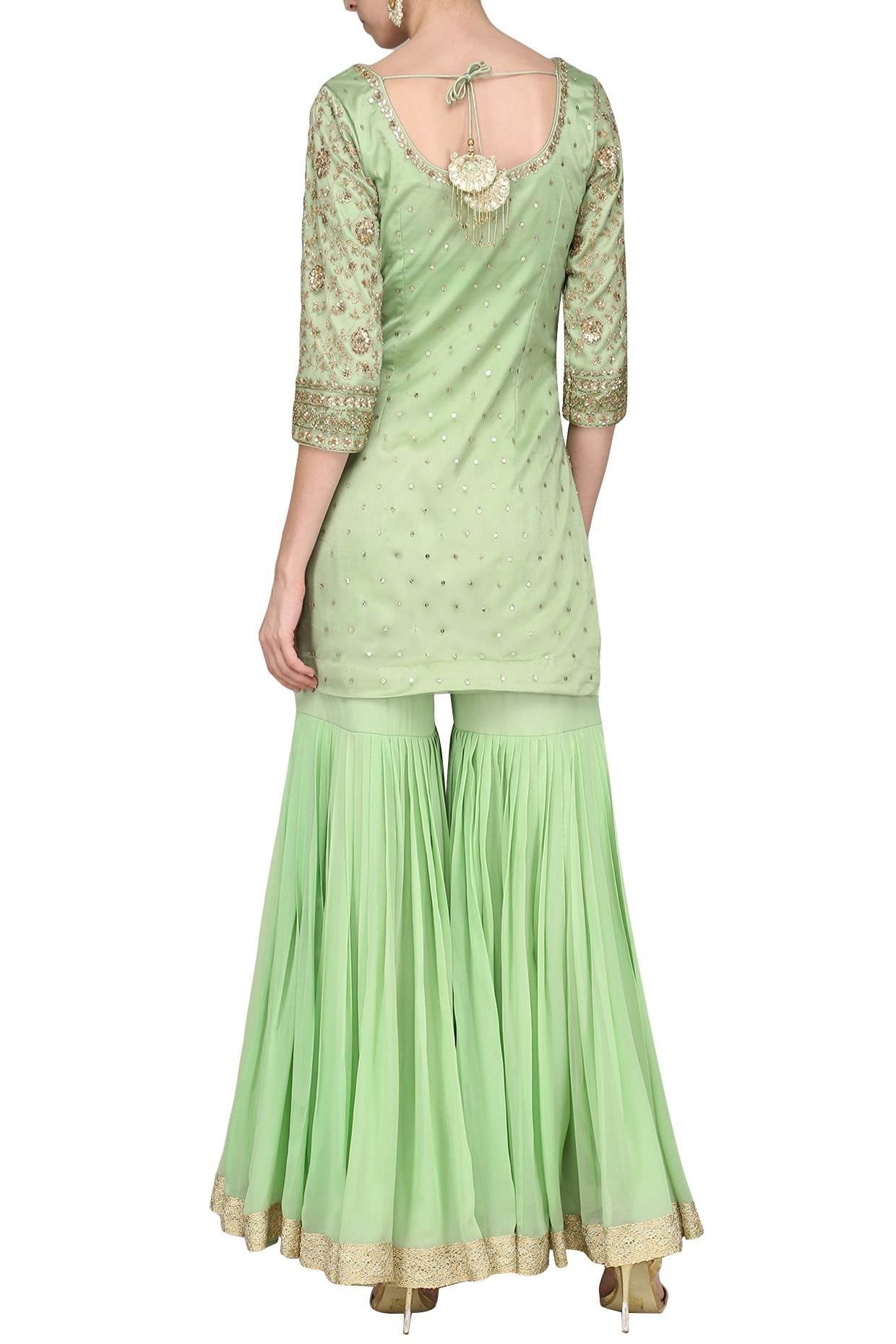 Fern Green Kurta With Gharara &amp; Dupatta Set