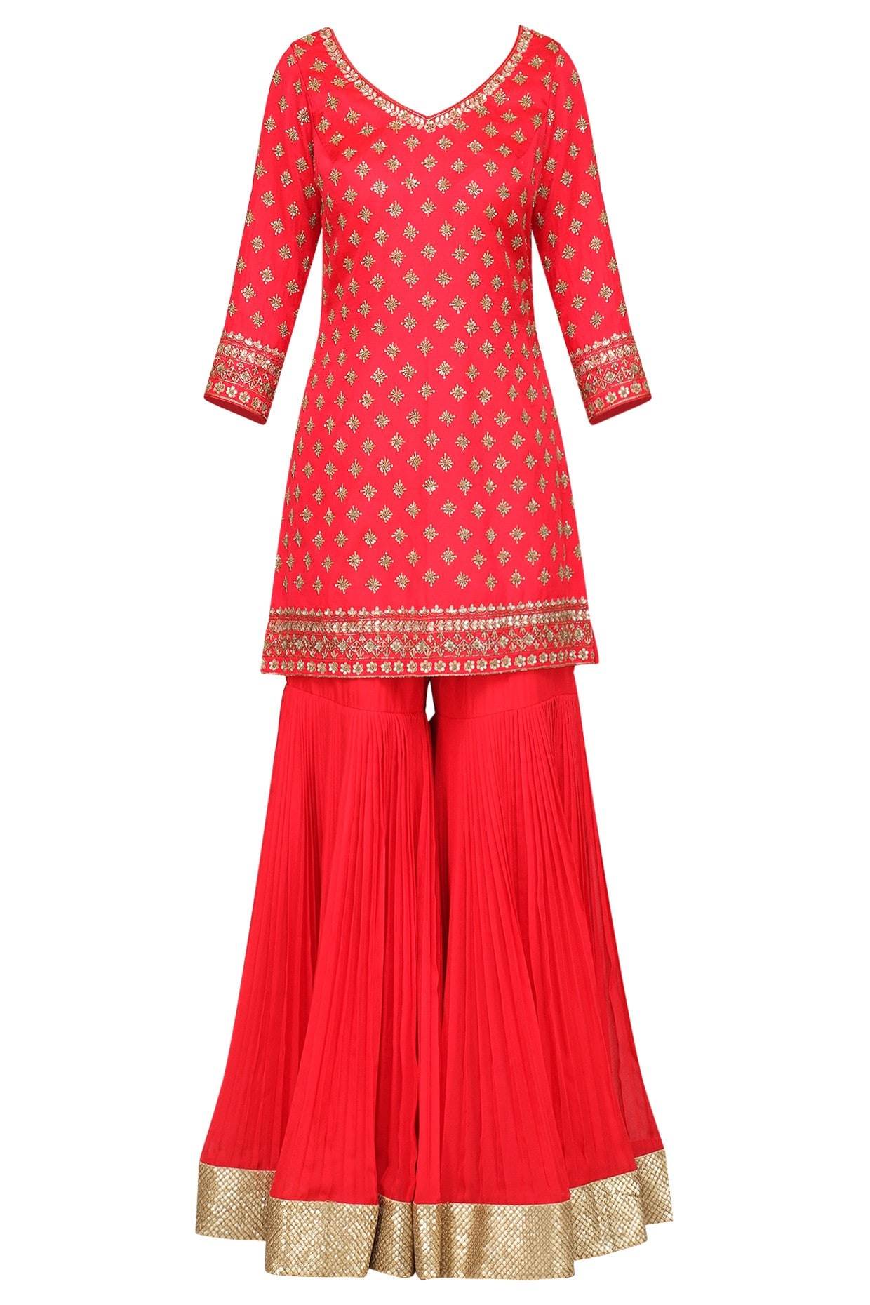 Coral Peach Kurta With  Gharara and Dupatta Set