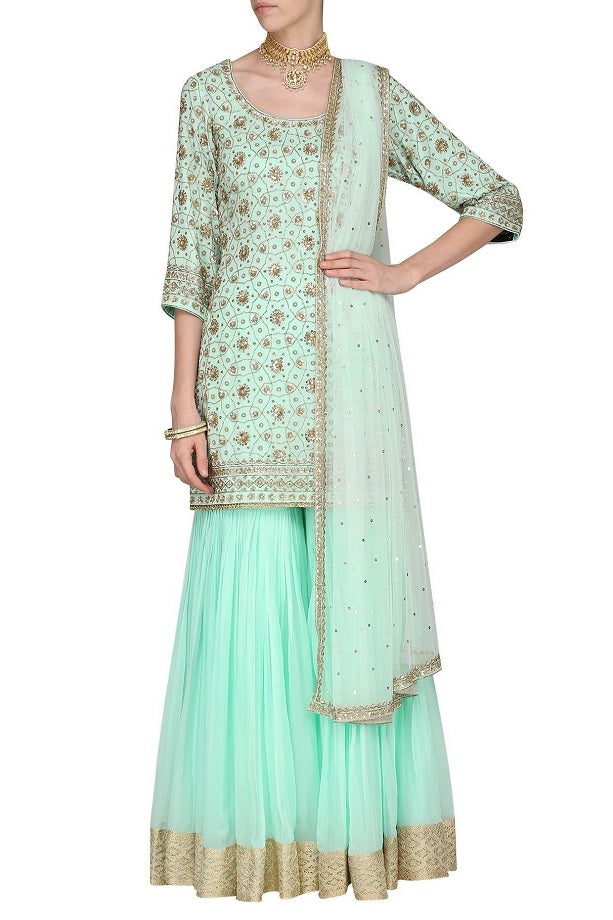 Aqua Kurta With Gharara &amp; Dupatta Set