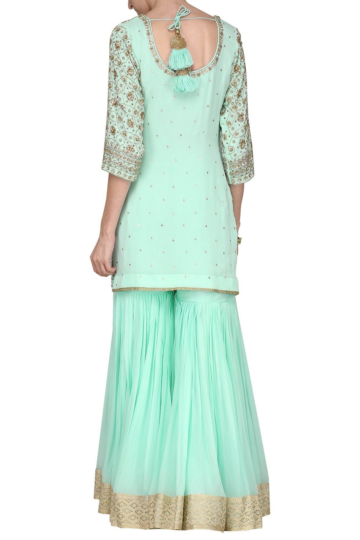 Aqua Kurta With Gharara &amp; Dupatta Set