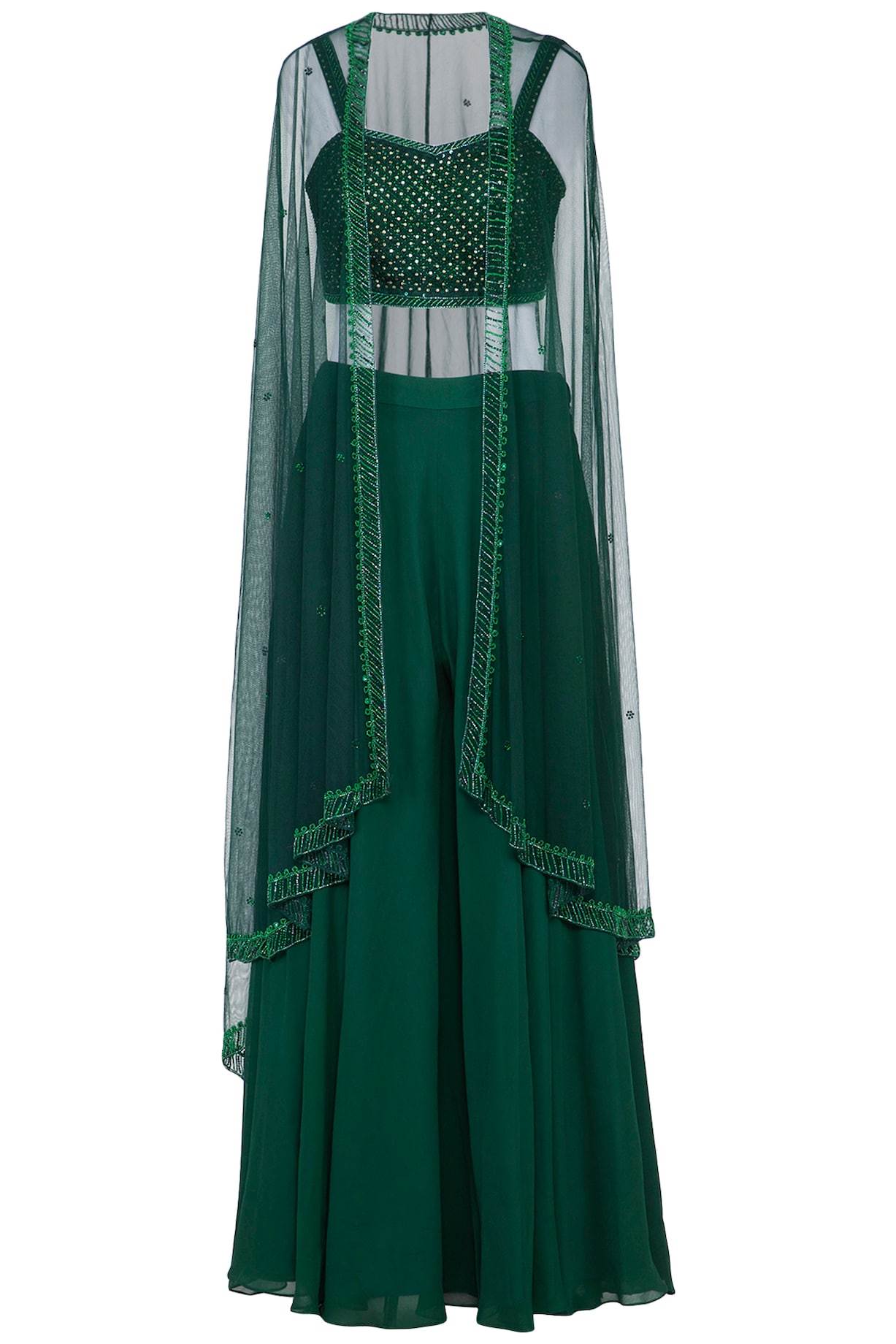 Green Embroidered Bustier With Sharara Pants &amp; Cape