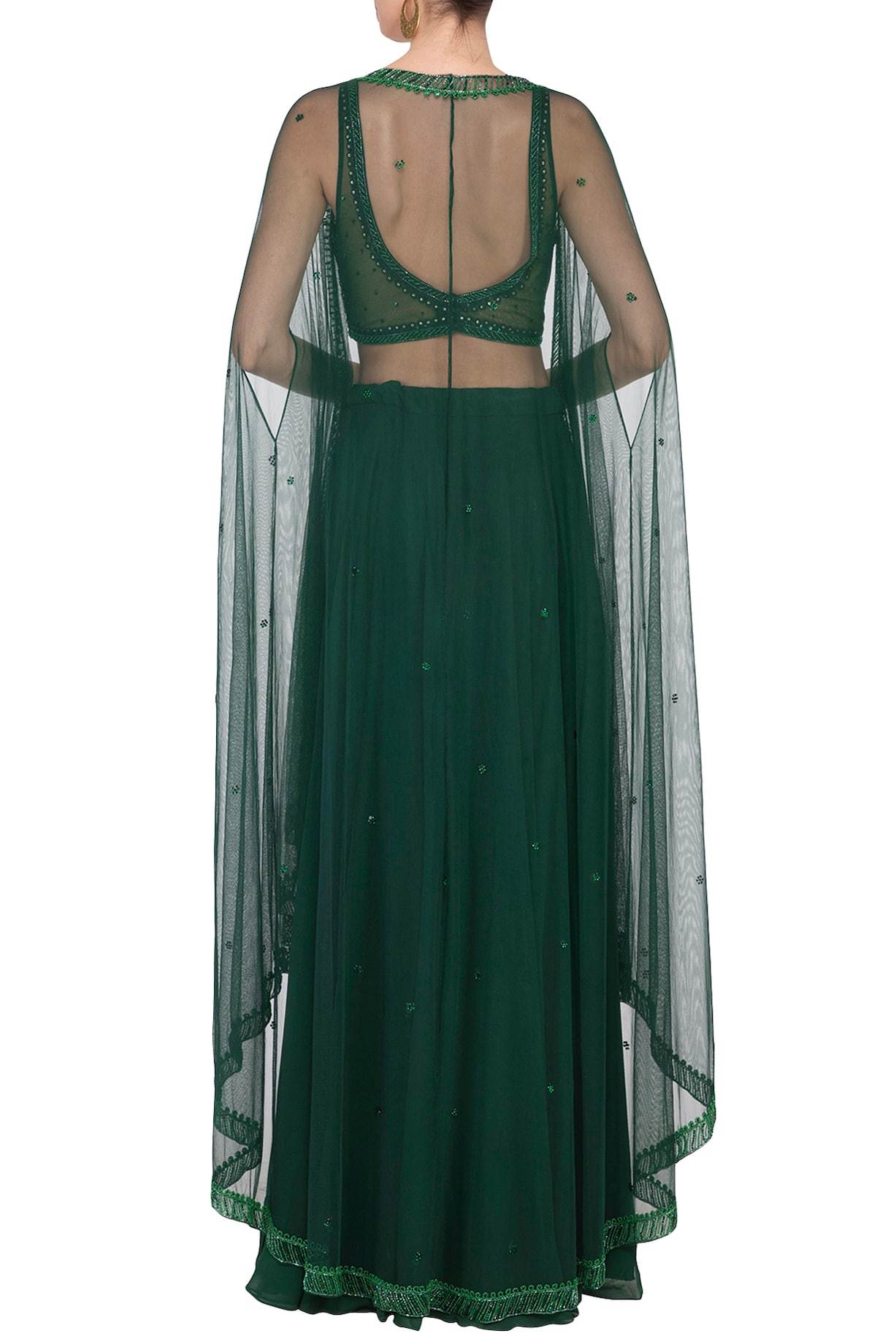 Green Embroidered Bustier With Sharara Pants &amp; Cape