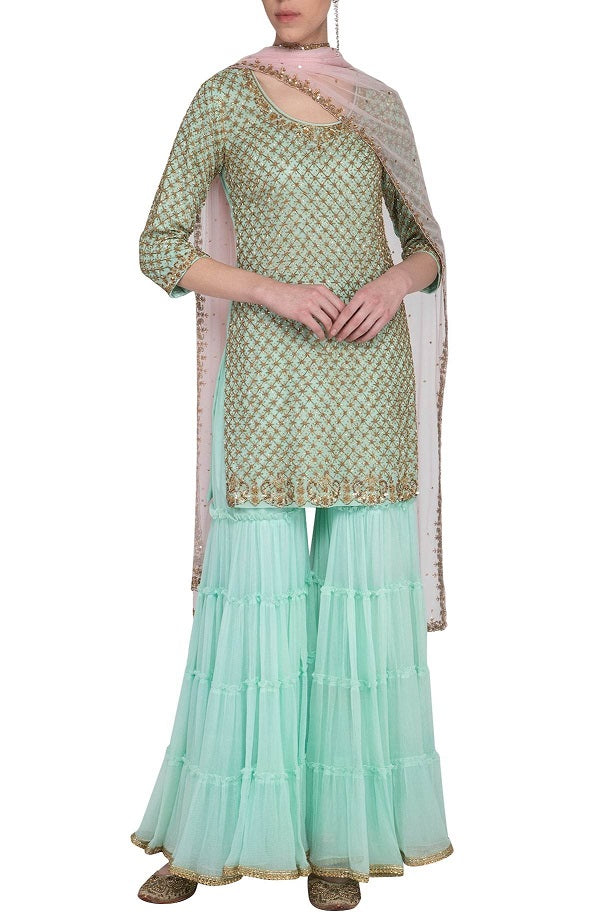 Sea Green Embroidered Gharara Set