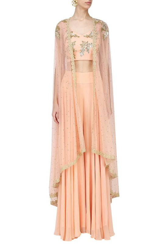 Peach Bustier Peach Cape Peach Sharara Set