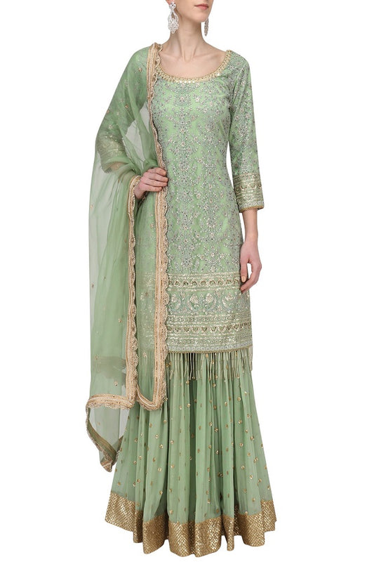 Fern Green Embroidered Kurta ,Sharara &amp; Dupatta Set