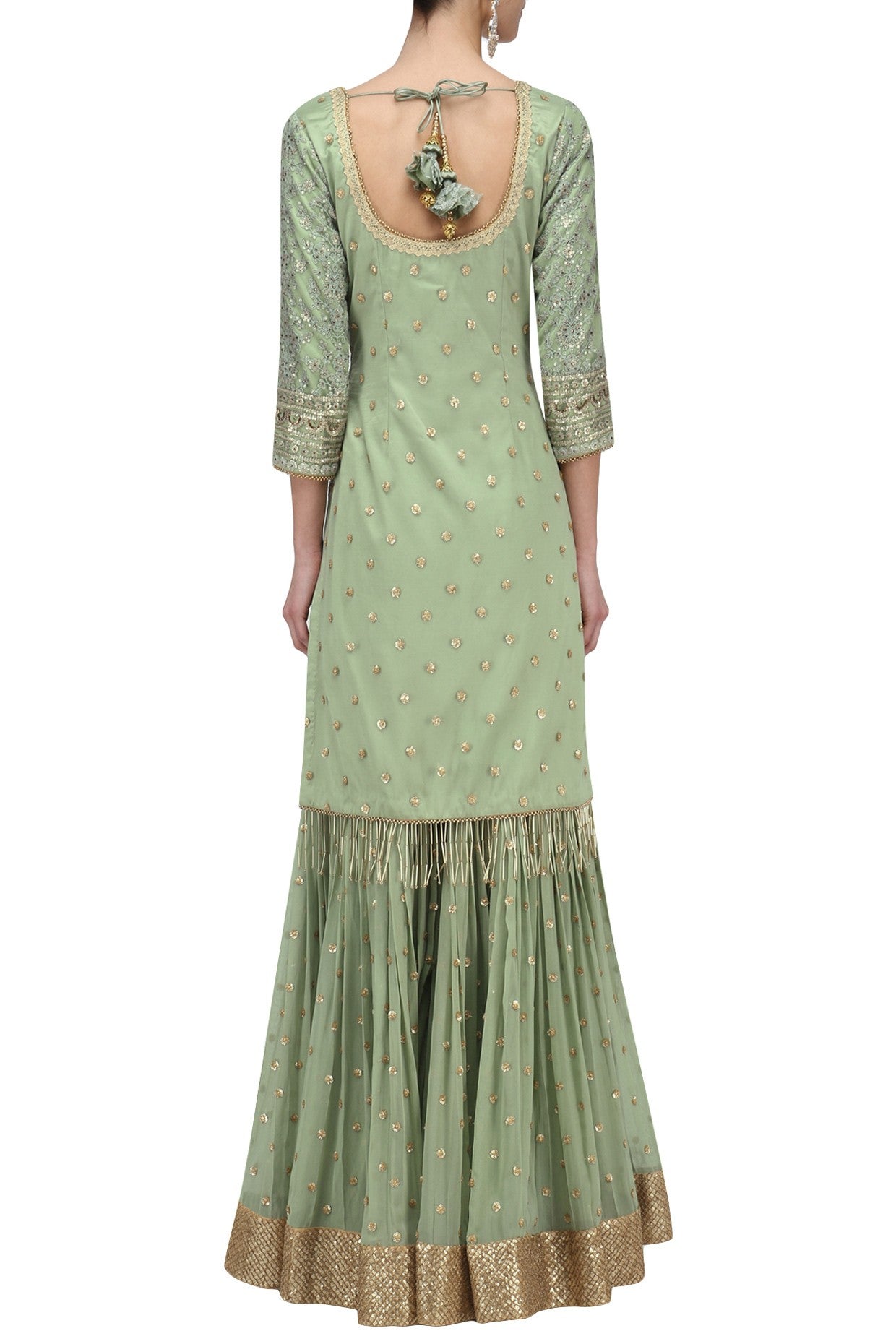 Fern Green Embroidered Kurta ,Sharara &amp; Dupatta Set