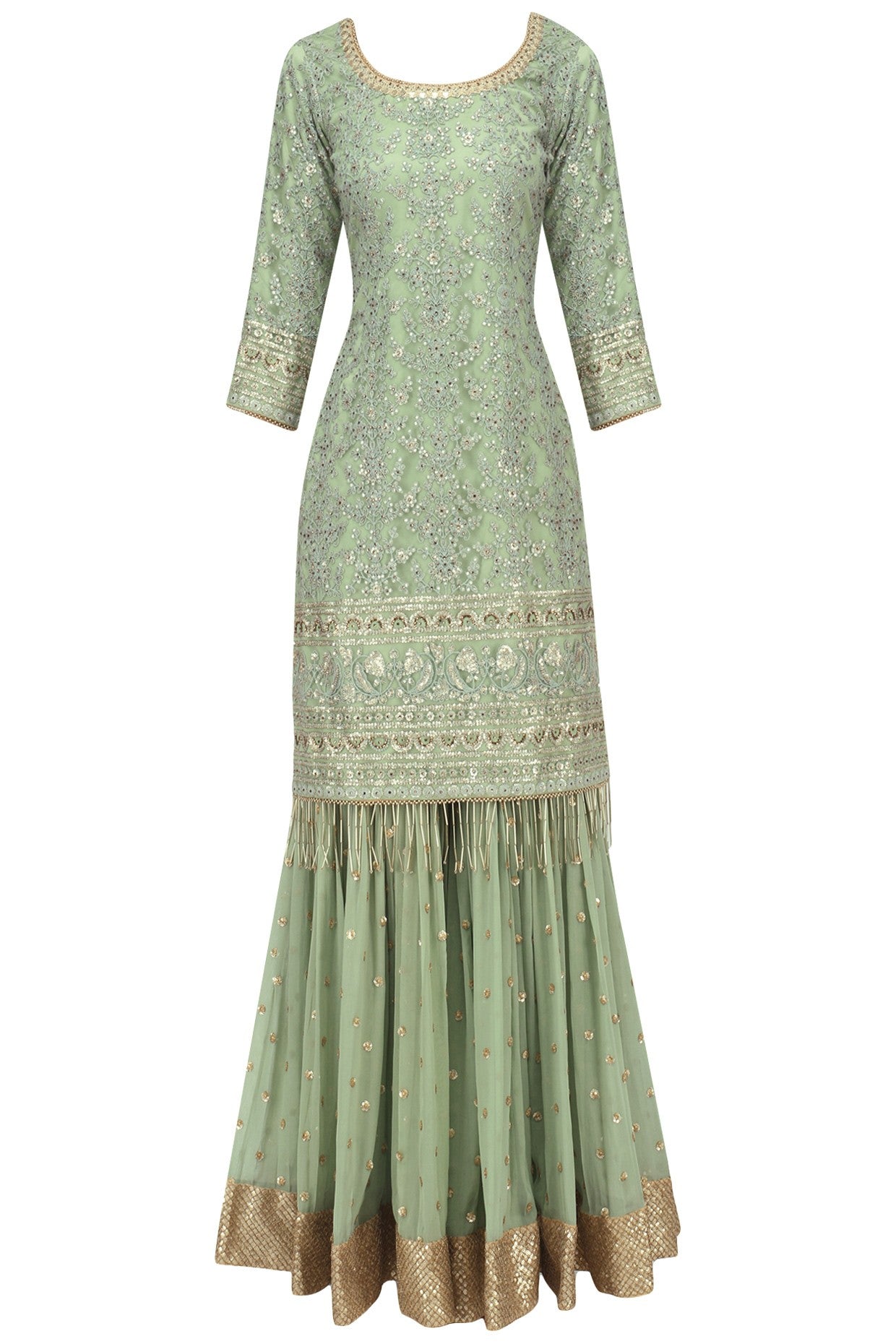 Fern Green Embroidered Kurta ,Sharara &amp; Dupatta Set