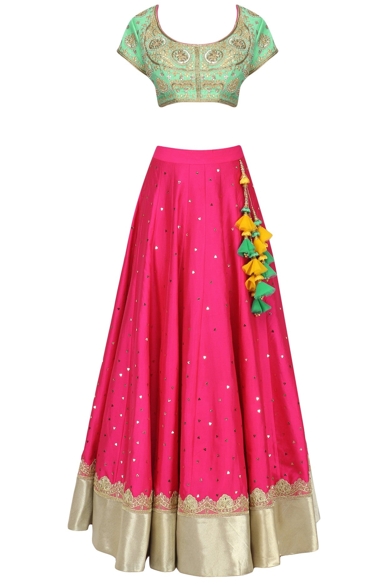 Green Blouse with Pink Lehenga and Yellow dupatta set