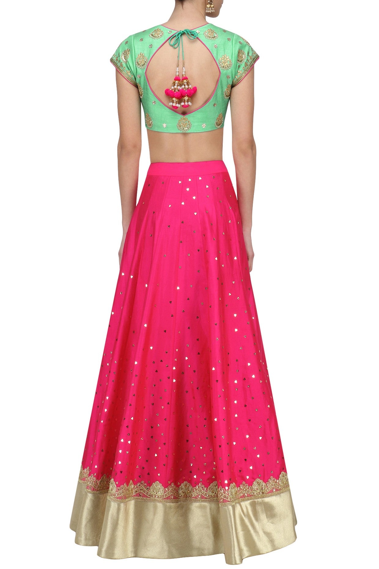 Green Blouse with Pink Lehenga and Yellow dupatta set