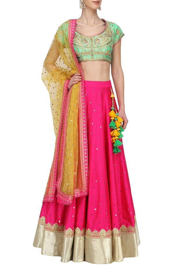 Green Blouse with Pink Lehenga and Yellow dupatta set