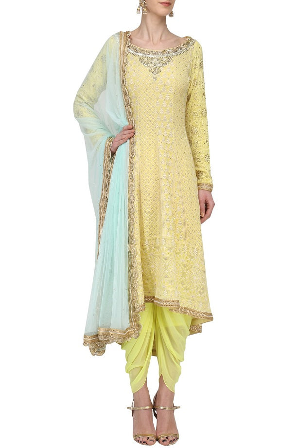 Lemon yellow Lakhnavi dhoti Set