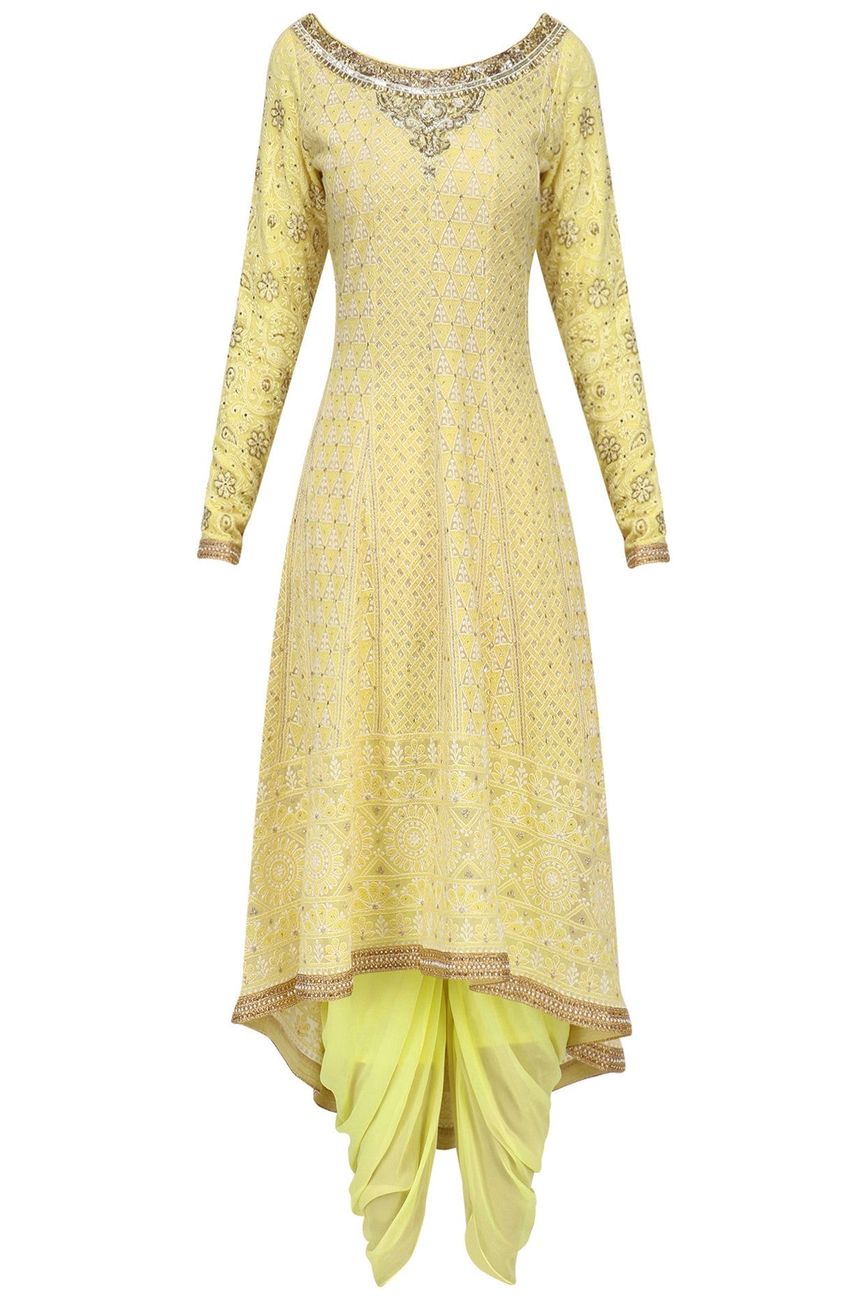 Lemon yellow Lakhnavi dhoti Set