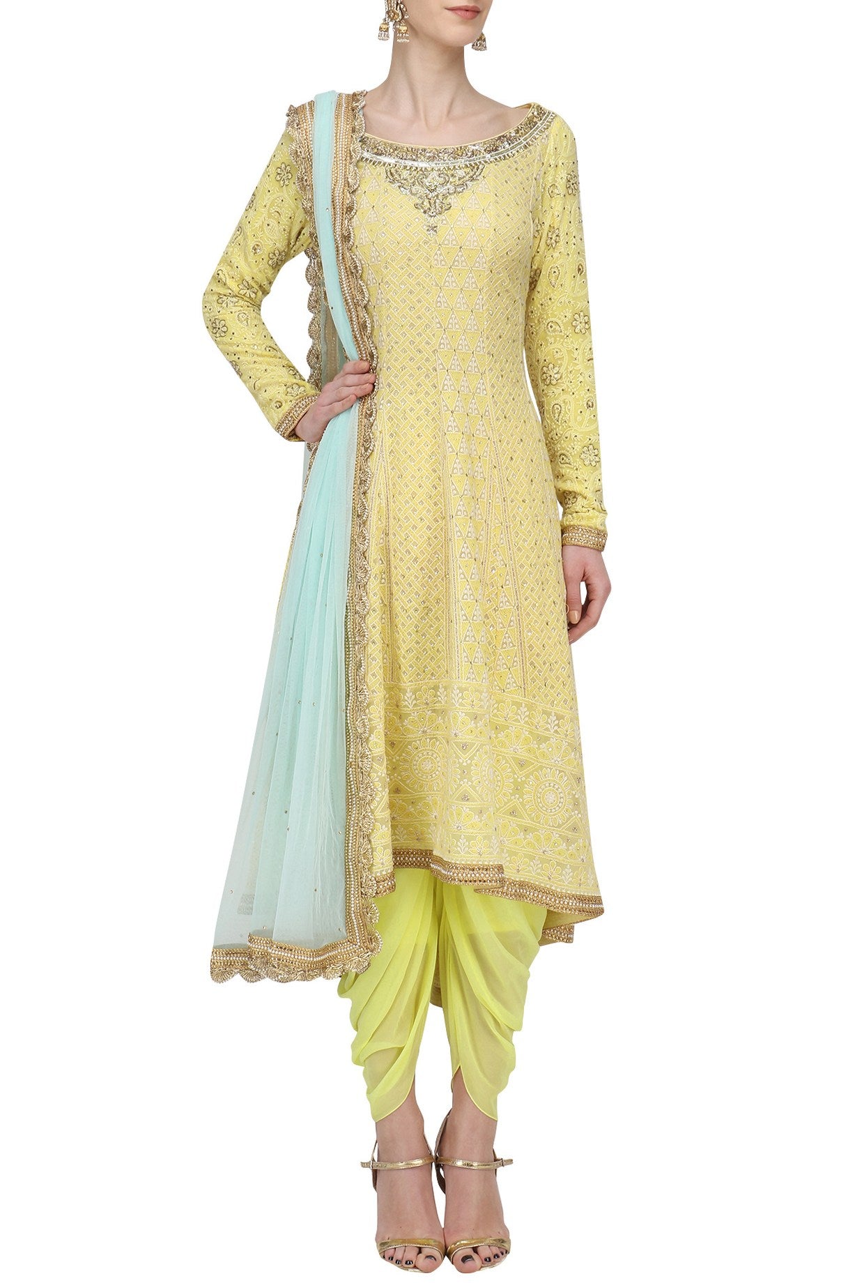 Lemon yellow Lakhnavi dhoti Set