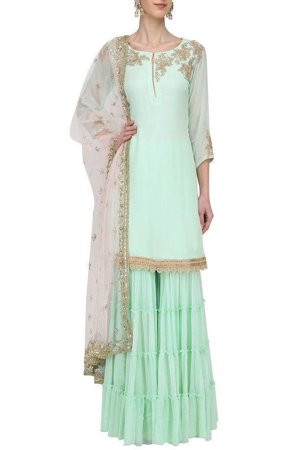 Aqua Kurta Frill Gharara Set