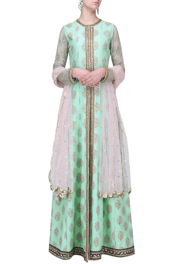 Aqua organza Anarkali and pant with dupatta