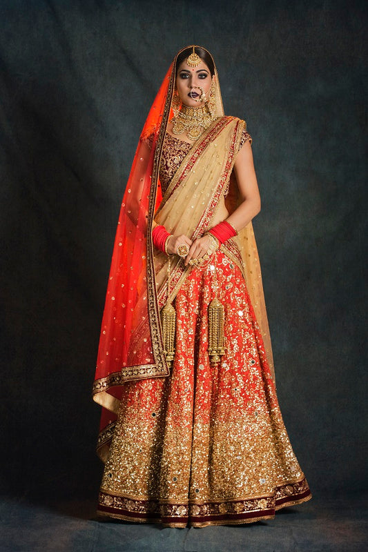 Coral Red Crusting Lehenga Set