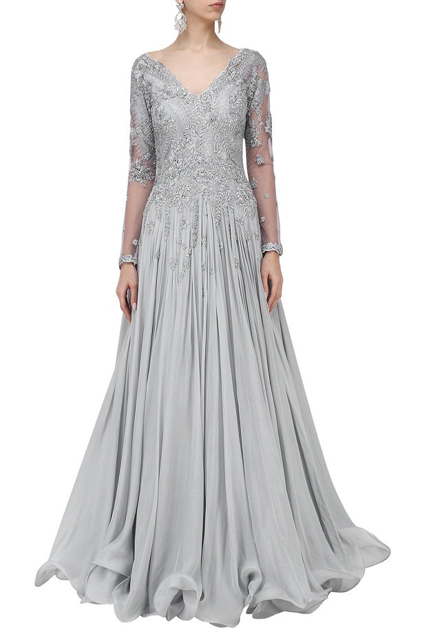 Grey Flat Chiffon Embroidered Gown