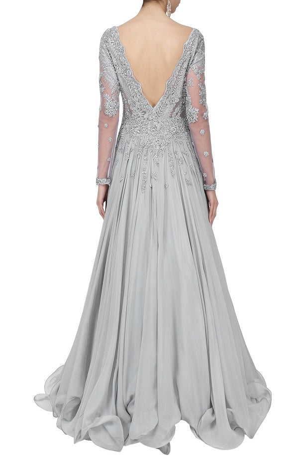 Grey Flat Chiffon Embroidered Gown