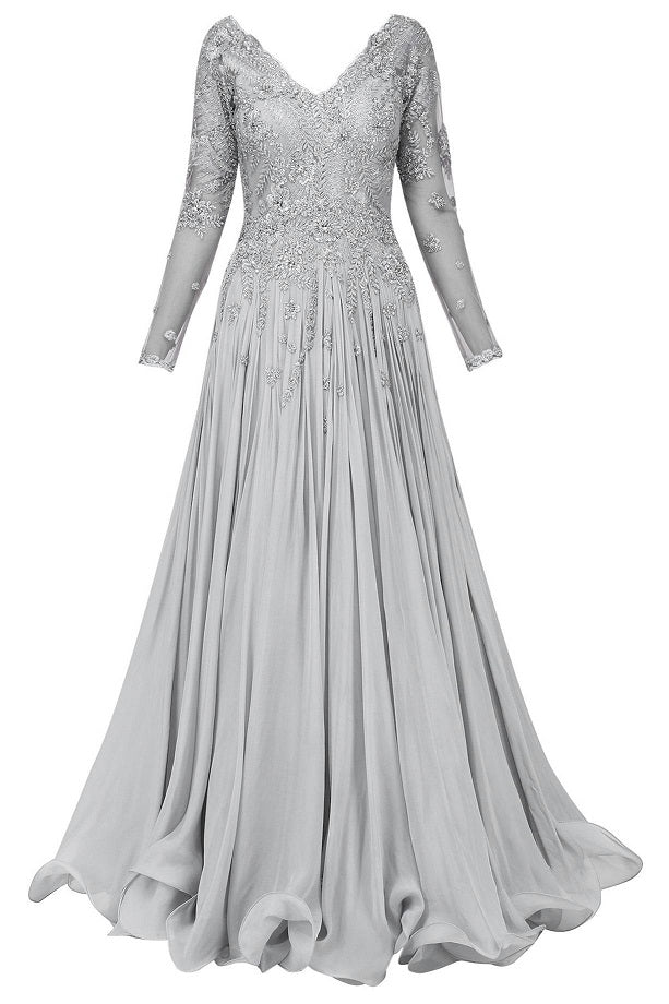 Grey Flat Chiffon Embroidered Gown