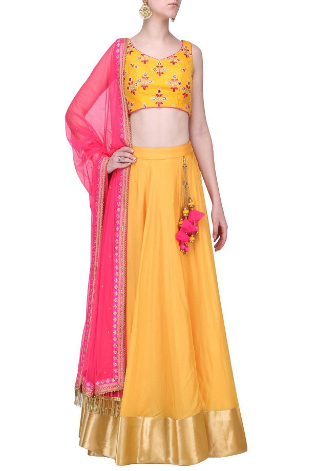 Mustard Blouse Mustard Lehenga Pink Dupatta